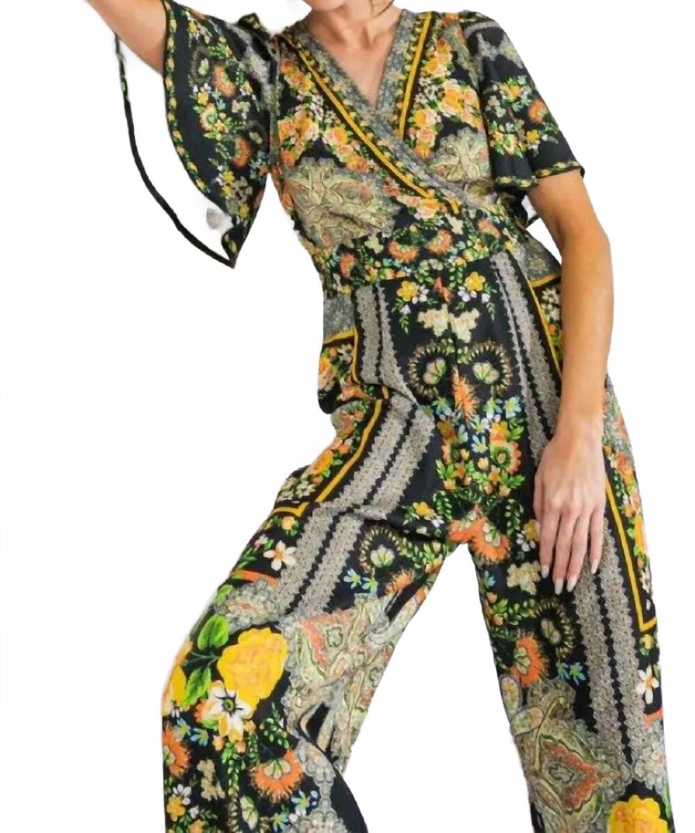 NEW FLYING TOMATO women's printed woven jumpsuit in black multicolor - Picture 4 of 6
